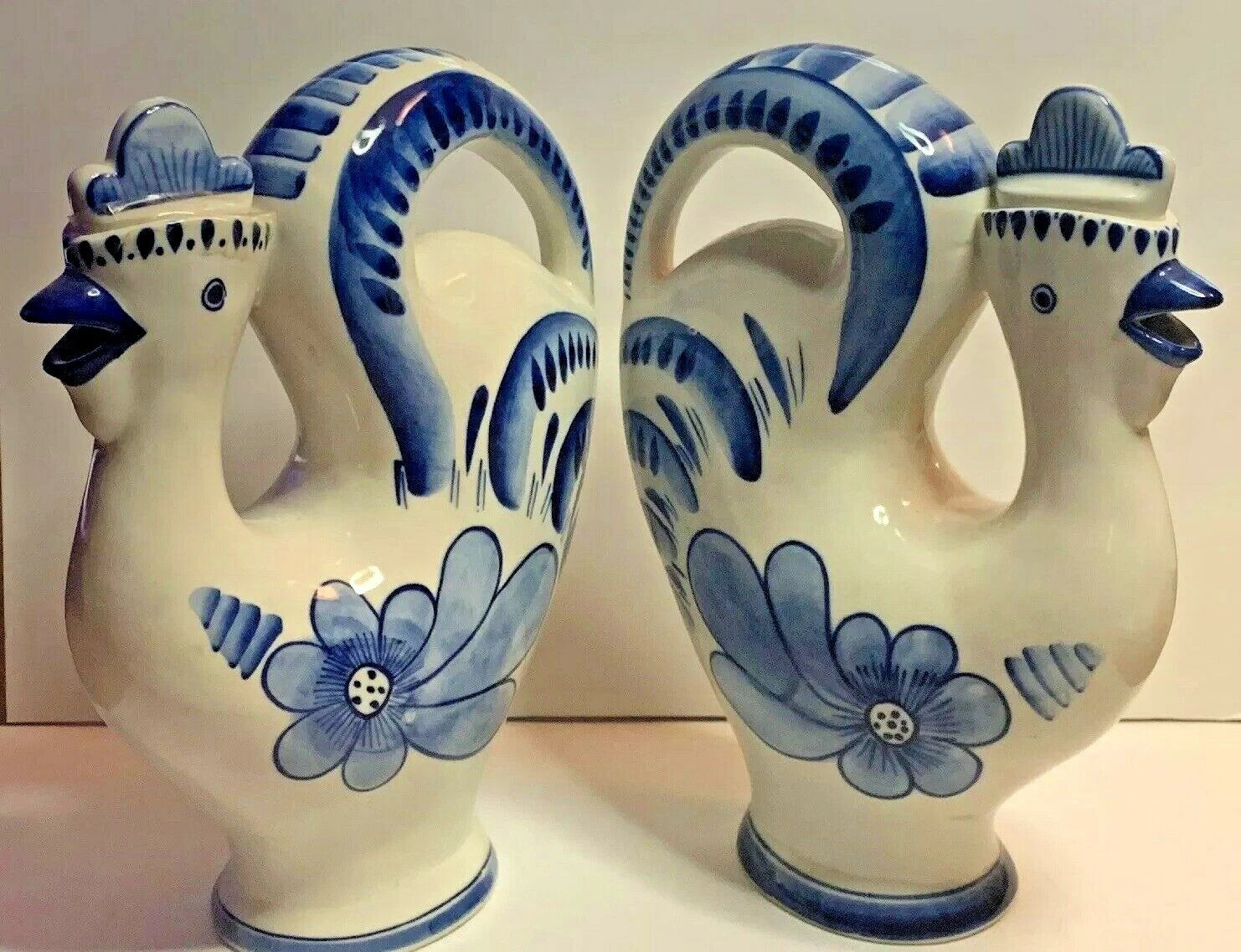 (2) GZHEL HAND PAINTED RUSSIAN USSR PORCELAIN 10” PITCHER DECANTER ROOSTERs