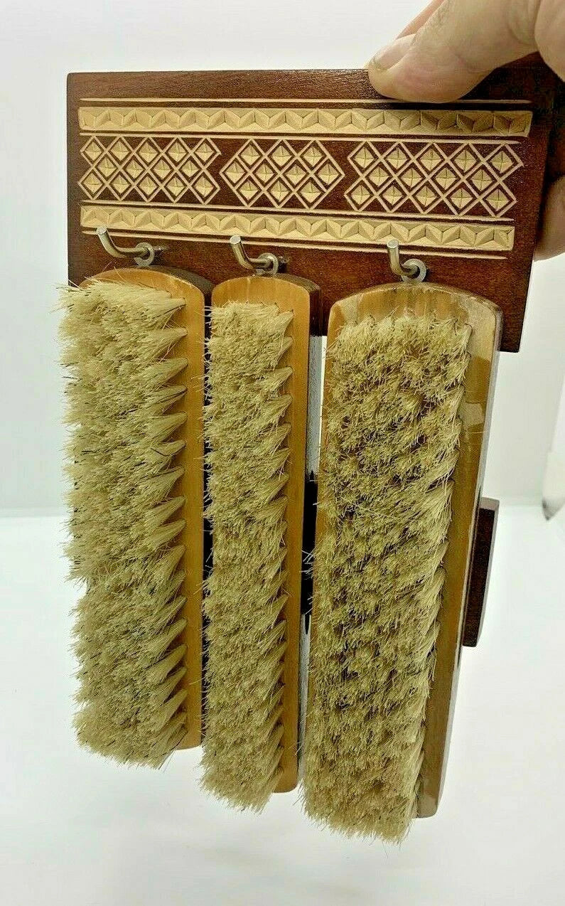 Vintage Russian Shoe Brush (3) Set Made in USSR Natural Wooden Hand Made Carved