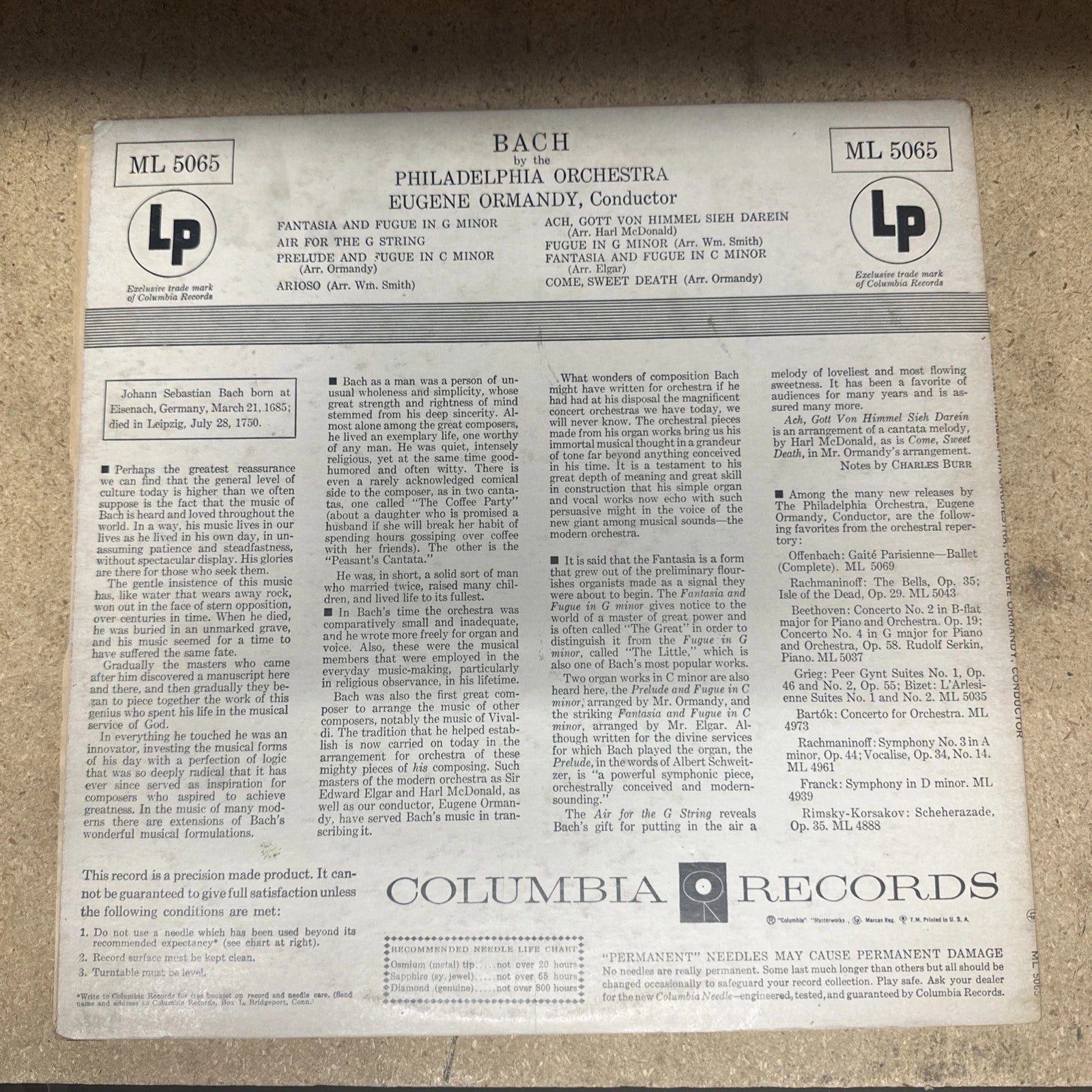 Eugene Ormandy Philadelphia Orchestra BACH Record Album Vinyl VG+