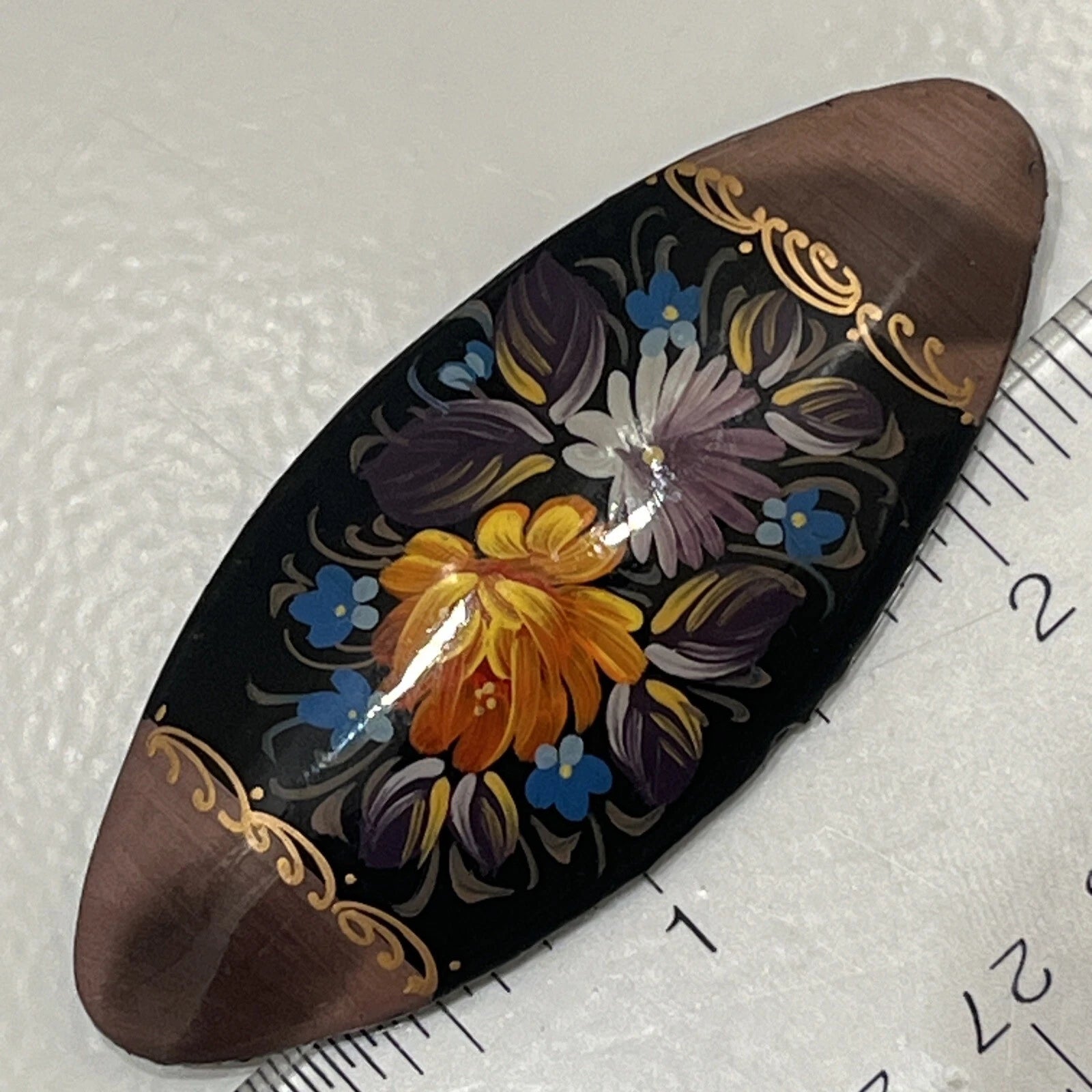 Russian Vintage Hand Painted Lacquered Oval Brooch Jewelry Floral Slavic Art