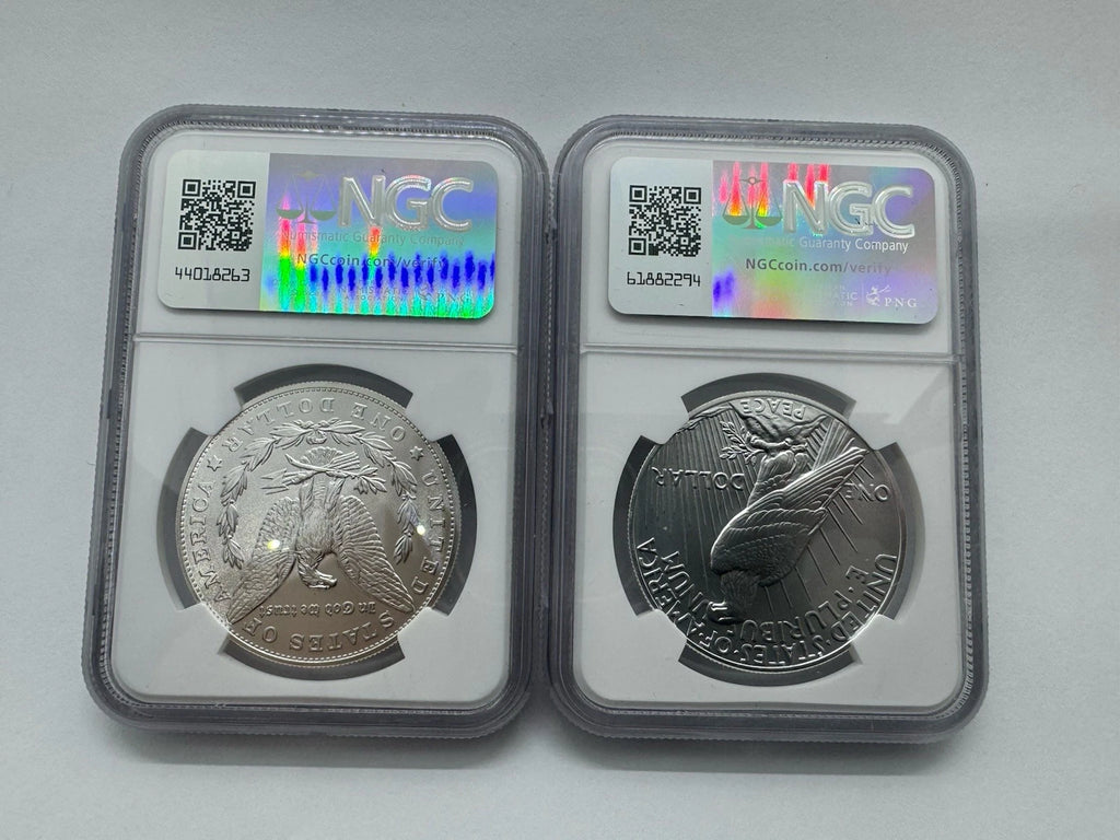 2023-P $1 MORGAN N PEACE DOLLAR NGCX MS10 FDOI Coins Silver Set.