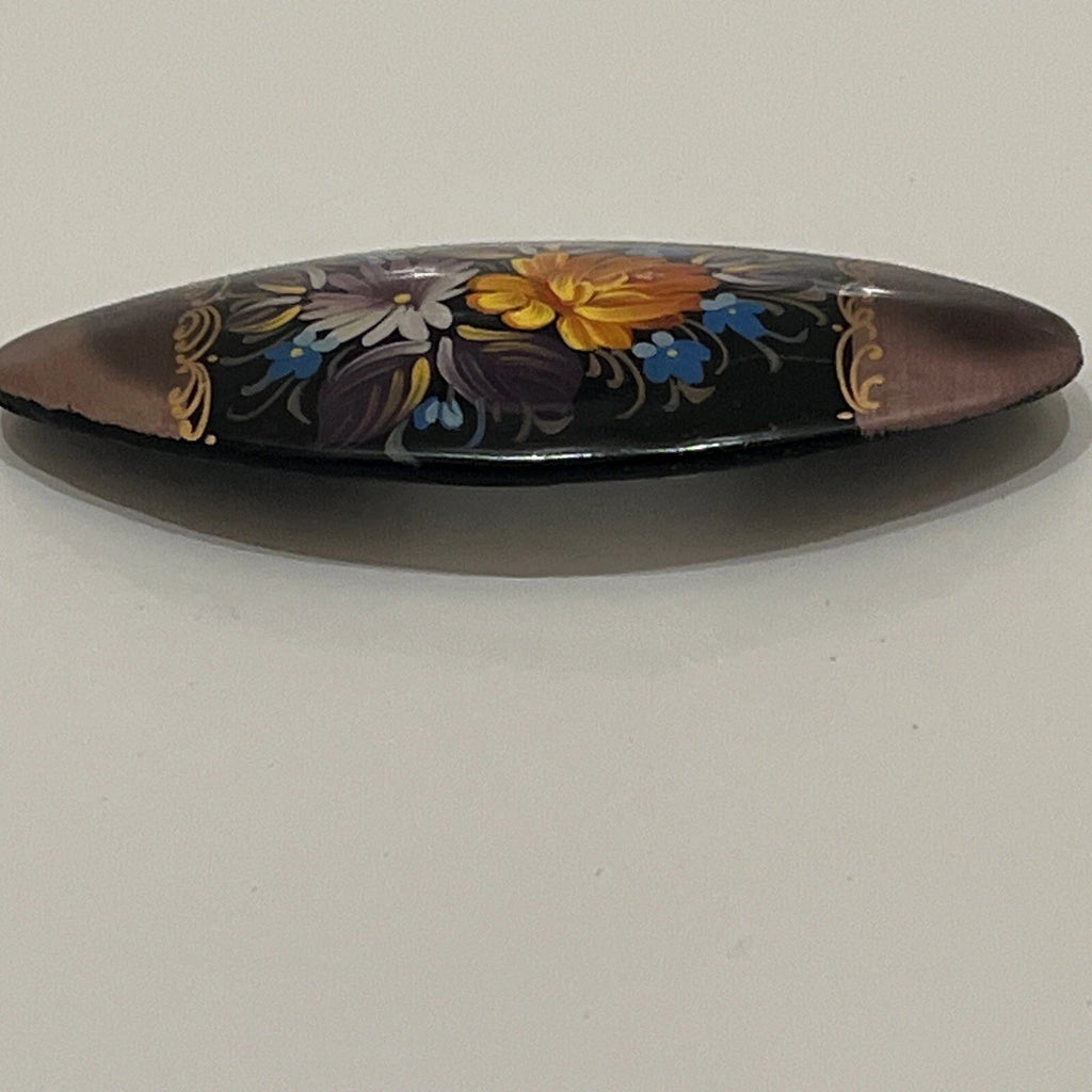 Russian Vintage Hand Painted Lacquered Oval Brooch Jewelry Floral Slavic Art