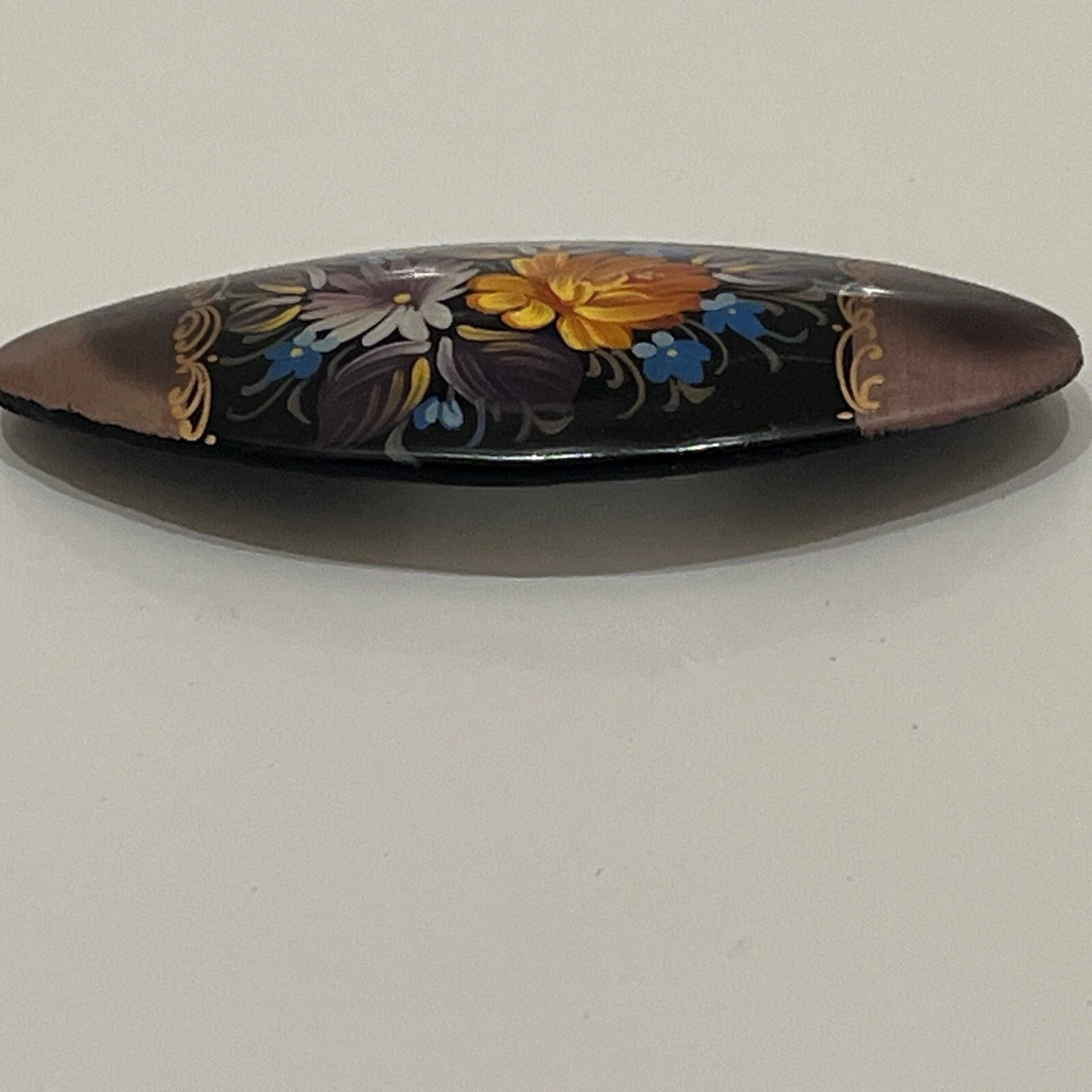 Russian Vintage Hand Painted Lacquered Oval Brooch Jewelry Floral Slavic Art