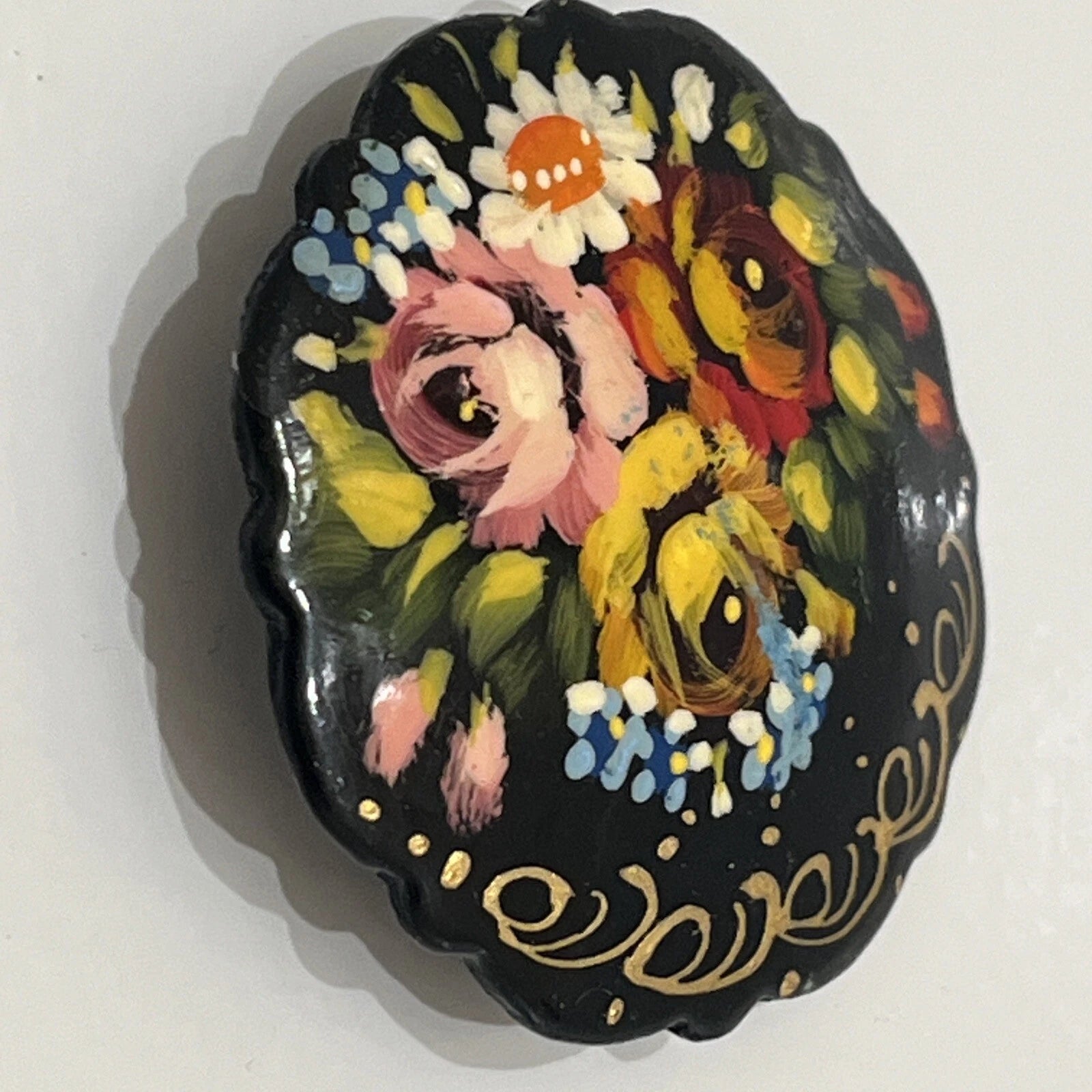 Russian Vintage Hand Painted Lacquered Brooch Jewelry Floral Slavic Craft Art