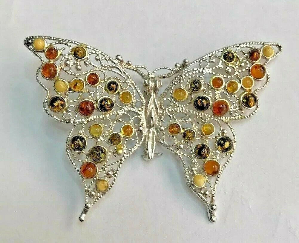 Vintage Butterfly Multi Color Russian Amber & Sterling Silver Fine Broach / Pin