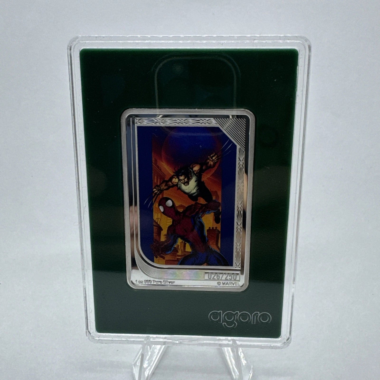 2026 Agoro Art Of Marvel Spider-Man & Wolverine 1oz Silver Emerald Card #26/250