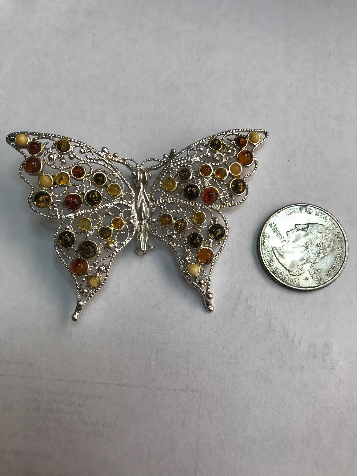 Vintage Butterfly Multi Color Russian Amber & Sterling Silver Fine Broach / Pin