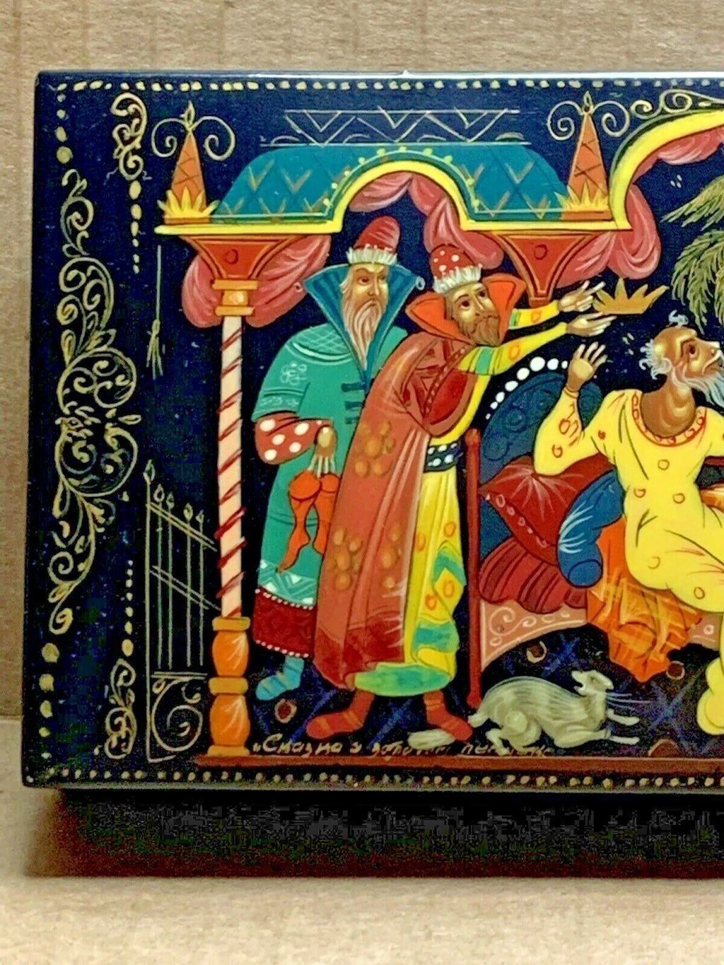 Russian Vintage Lacquer Jewelry Box Handmade Pushkin's Golden Cockerel Kholui
