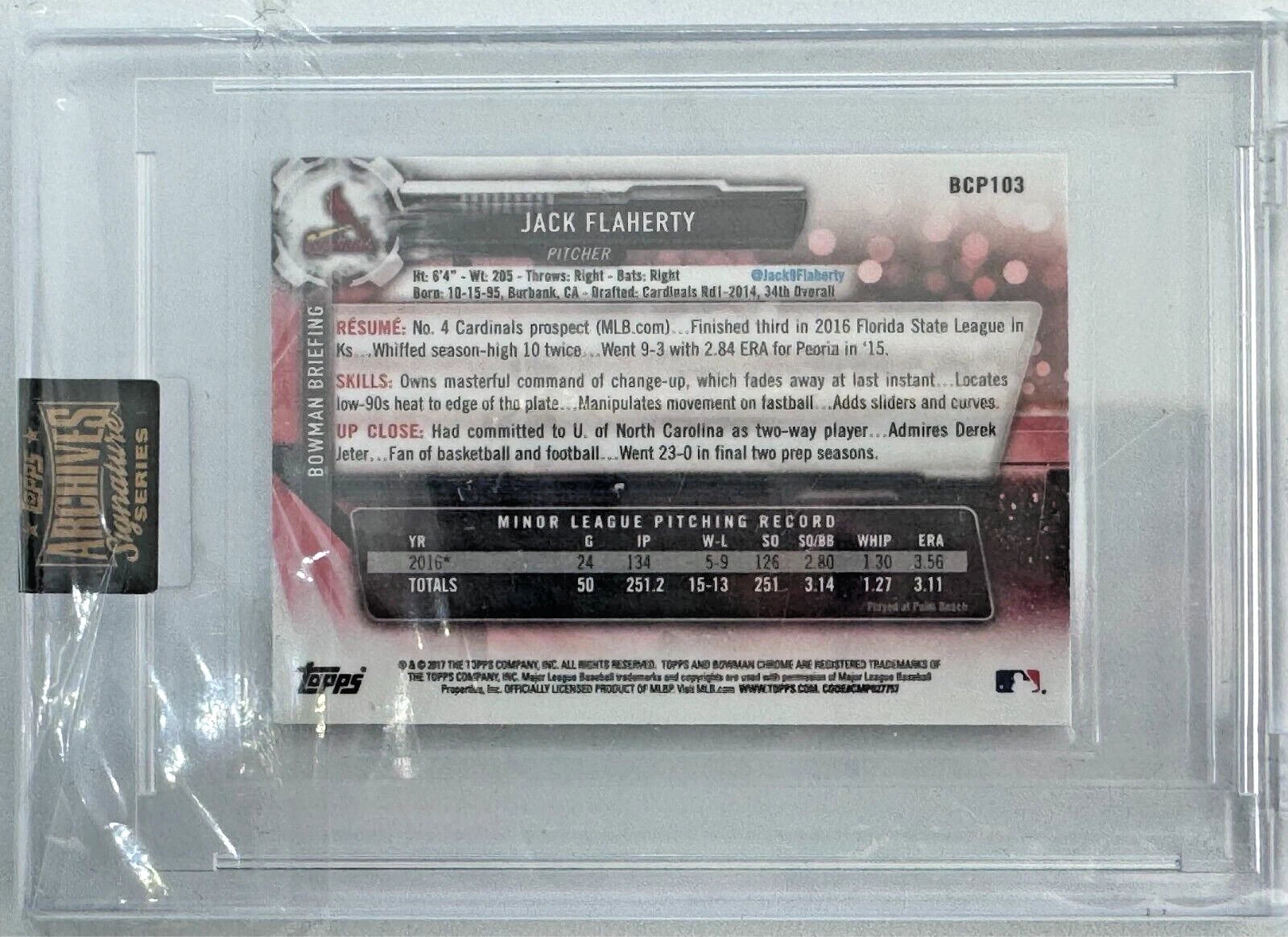Jack Flaherty Topps Bowman Mini Chrome 2017, Auto 2022 1/1 Cardinals Dodgers